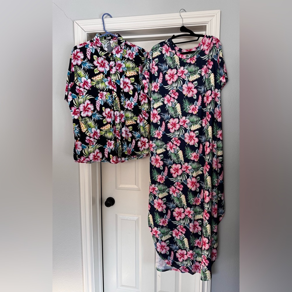 His (XL) and Hers (XXL) Coordinating Tropical Pink Hibiscus Set